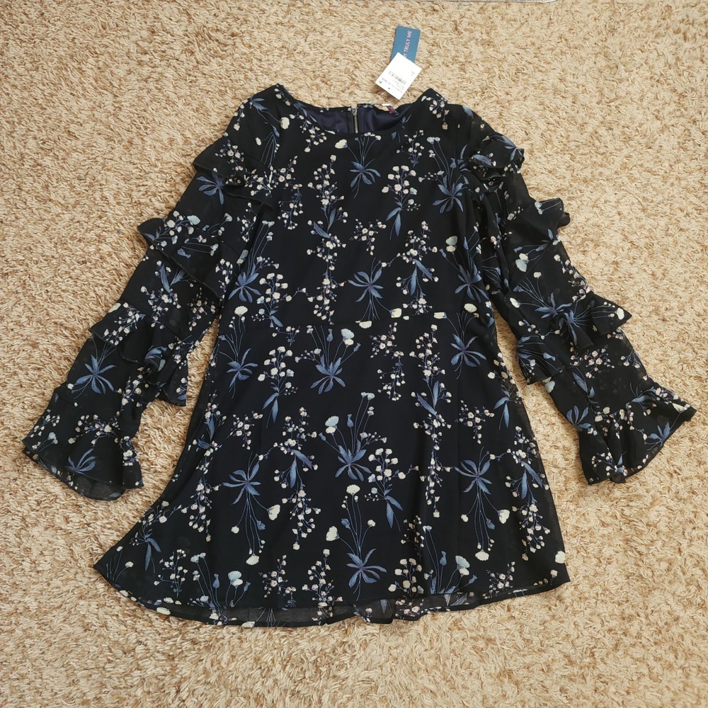 Truly Me Floral Chiffon Dress Girls 14 Navy Blue Ruffle Tiered Sleeve NWT